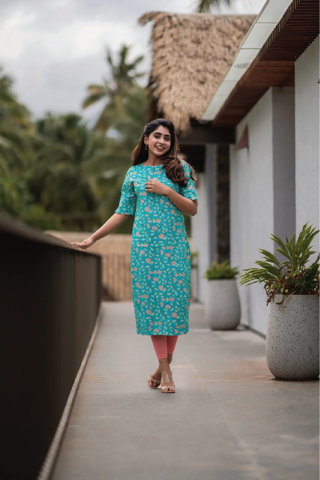 Floral Teal Oasis Breezy Viscose Printed Kurta
