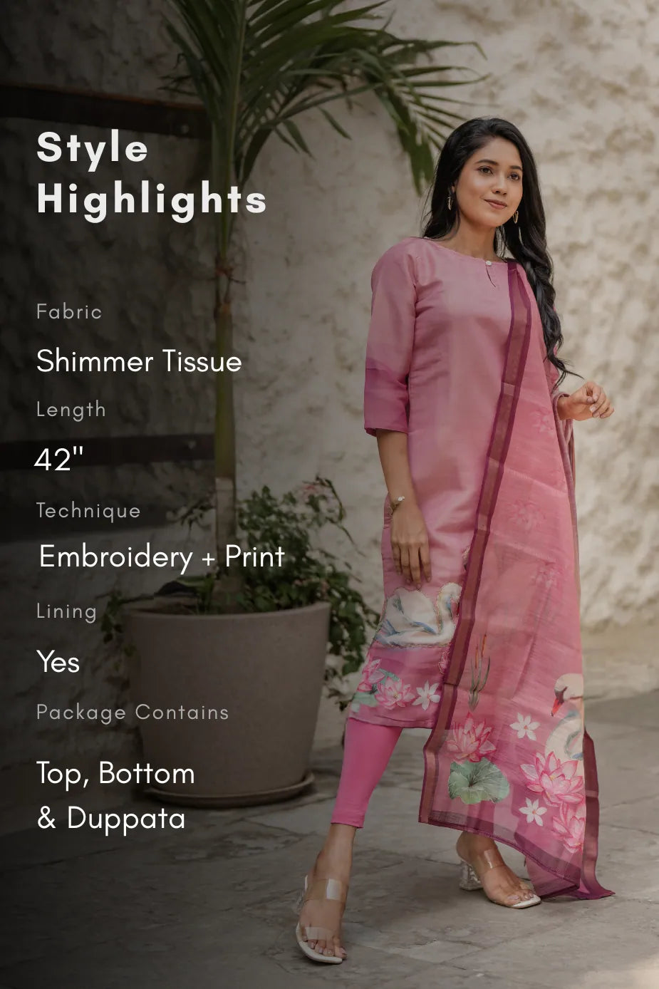 Lilac Swan Pink Printed 3 Piece Shimmer Tissue Kurti Set with Dupatta