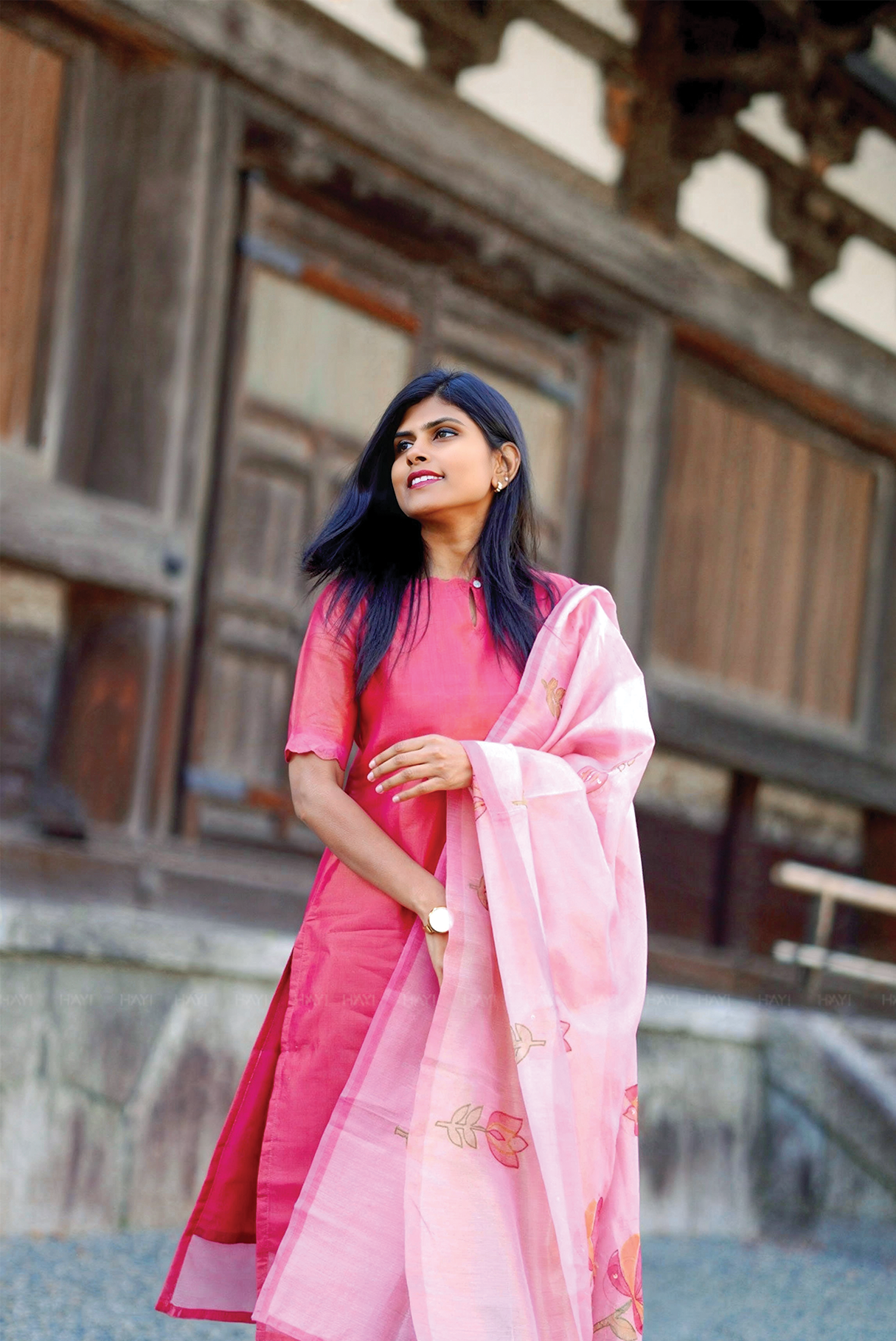 Tavira Pink 3 piece Tussar Silk Blend Printed Kurta with Pant & Dupatta