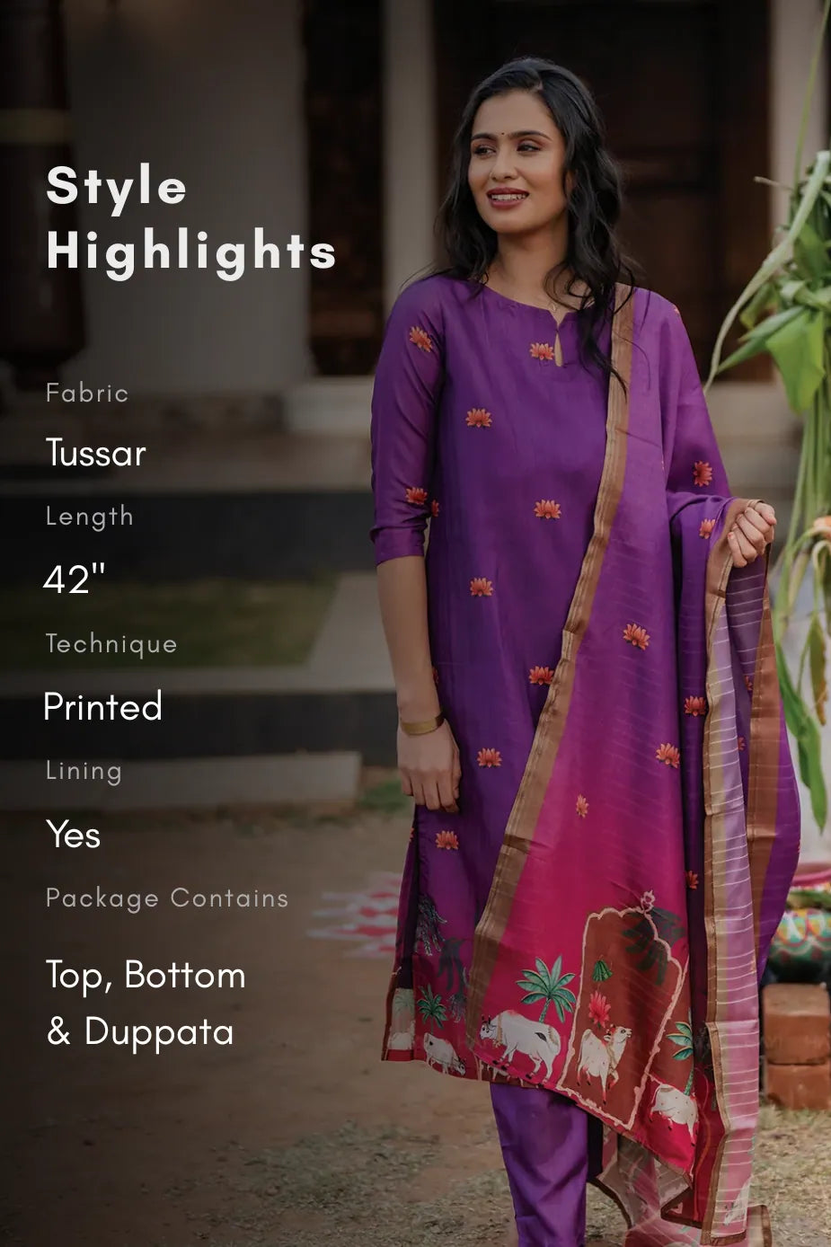 Ivanya Violet 3 Piece Tussar Silk Blend Printed Kurta with Pant & Dupatta