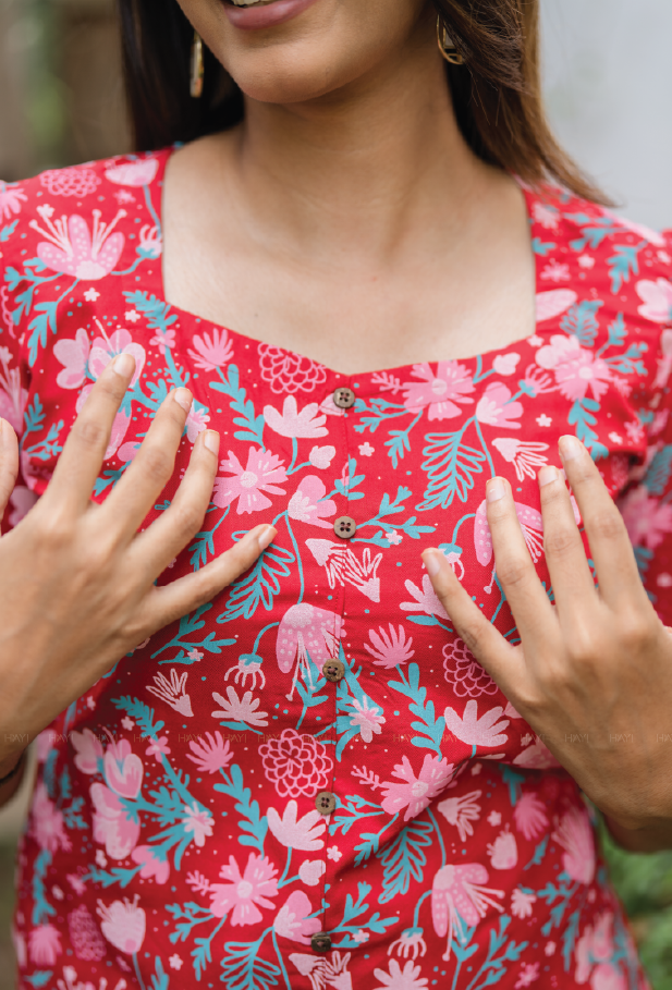Bright Red Velvet Viscose Printed Kurta