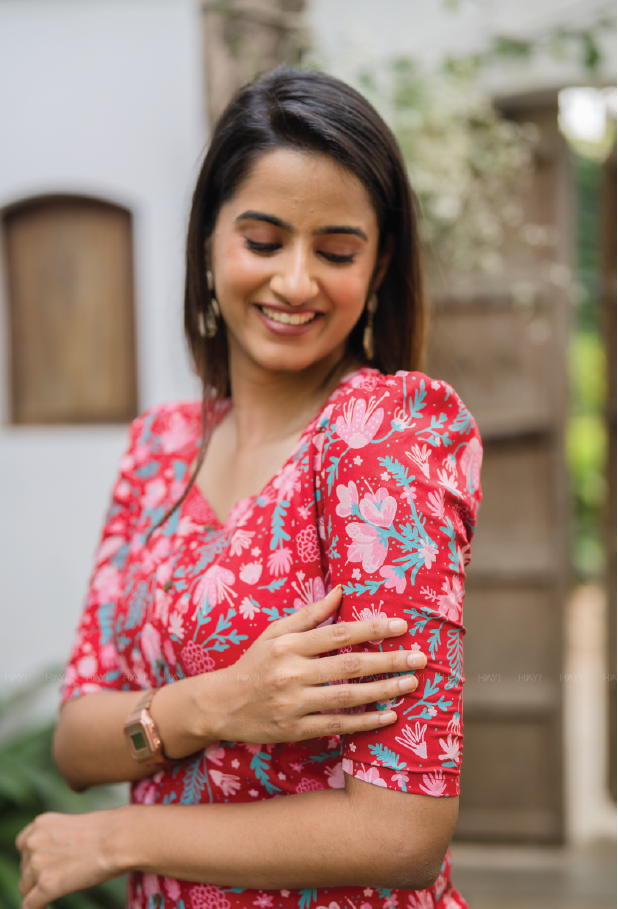 Bright Red Velvet Viscose Printed Kurta