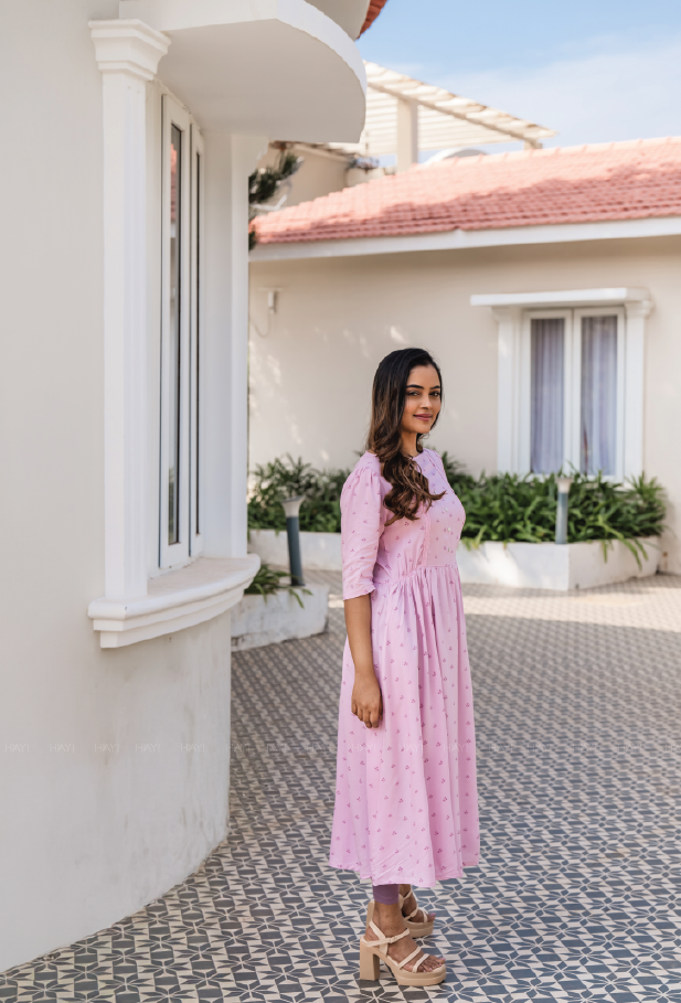 Elegant Pink Cotton Candy Embroider Motif Viscose Dress