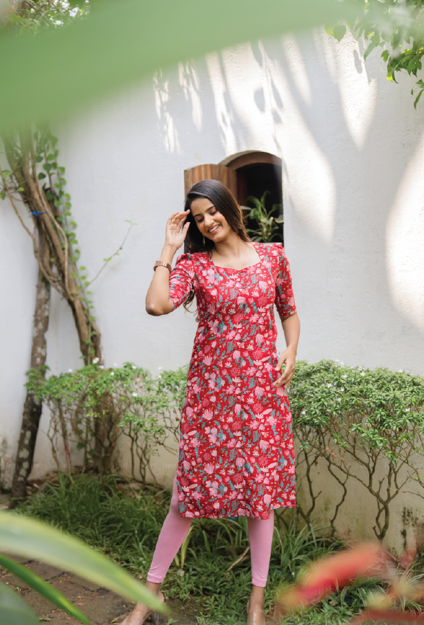 Bright Red Velvet Viscose Printed Kurta