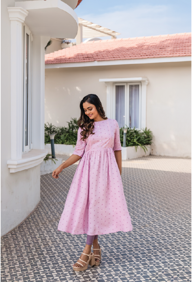 Elegant Pink Cotton Candy Embroider Motif Viscose Dress