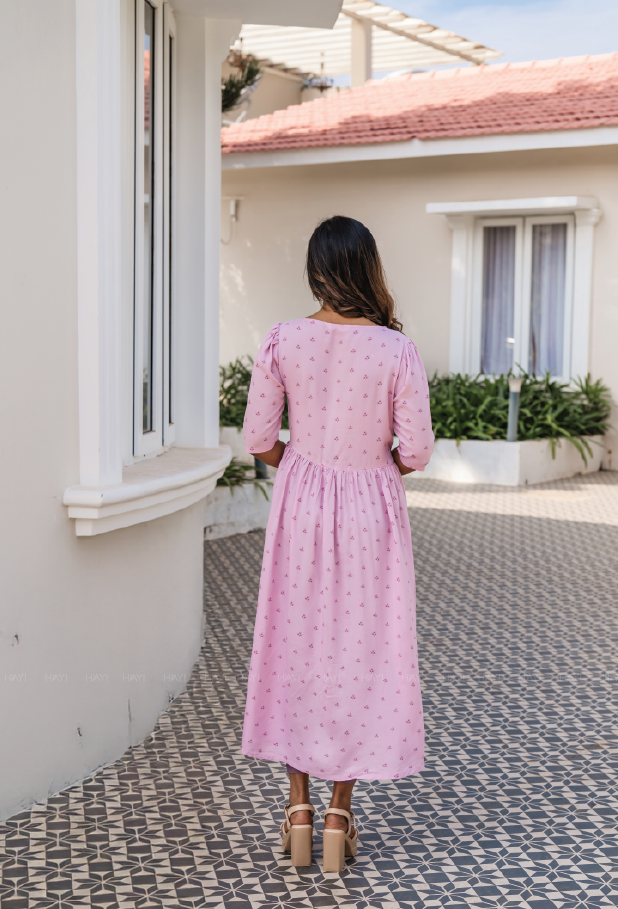 Elegant Pink Cotton Candy Embroider Motif Viscose Dress
