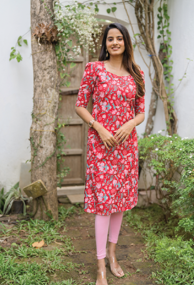 Bright Red Velvet Viscose Printed Kurta