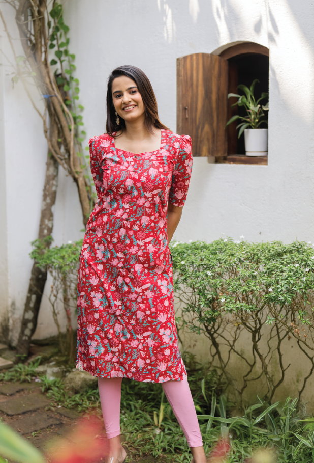 Bright Red Velvet Viscose Printed Kurta