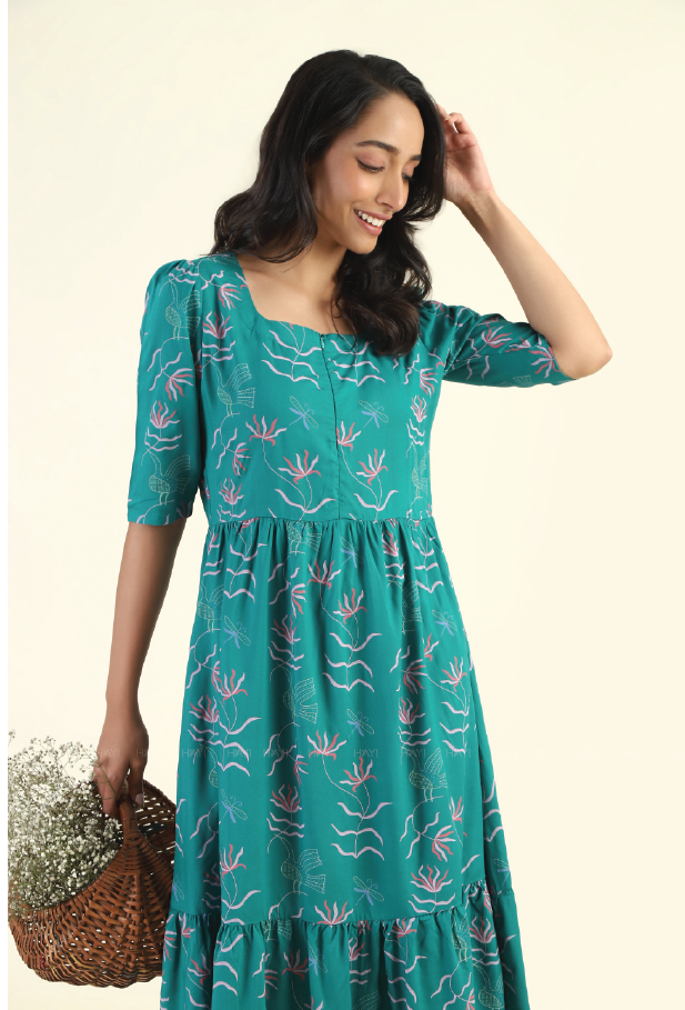 Green Harmony Teal Printed Maternity and feeding dress