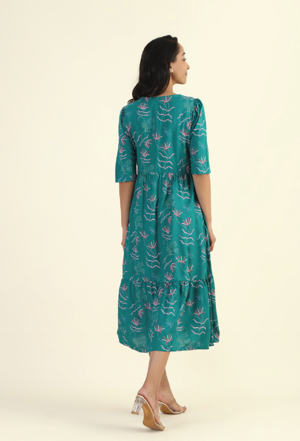 Green Harmony Teal Printed Maternity and feeding dress