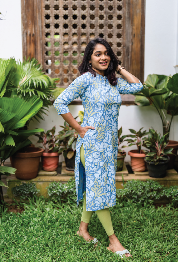 Crowded Blue Coral Viscose Printed Kurta