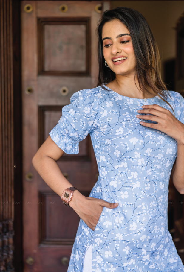 Soft Blue Dreamy Flowers Viscose Printed Kurta