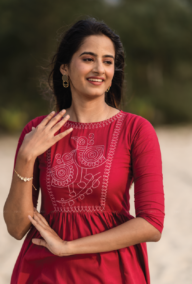 Scarlet Red Bird Chirp Embroidery Dress