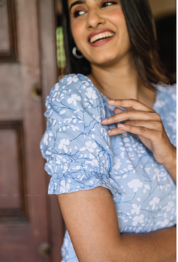 Soft Blue Dreamy Flowers Viscose Printed Kurta