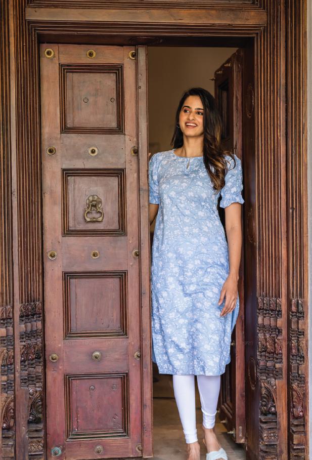 Soft Blue Dreamy Flowers Viscose Printed Kurta
