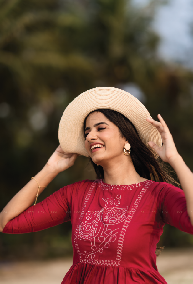 Scarlet Red Bird Chirp Embroidery Dress