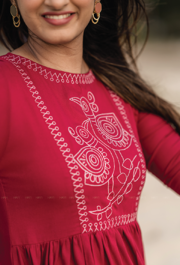 Scarlet Red Bird Chirp Embroidery Dress