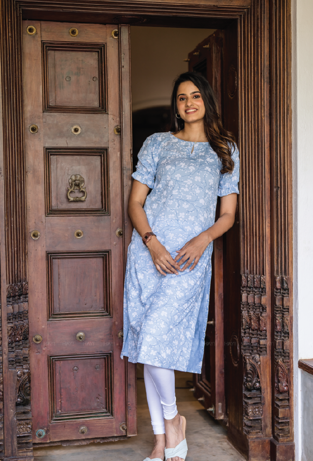 Soft Blue Dreamy Flowers Viscose Printed Kurta