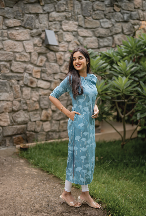 Coral Blue Island Viscose Printed Kurta