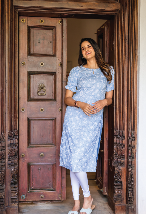 Soft Blue Dreamy Flowers Viscose Printed Kurta