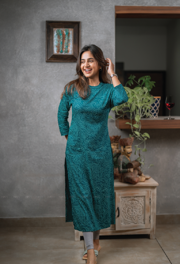 Teal Knot in Space Viscose Printed Kurta