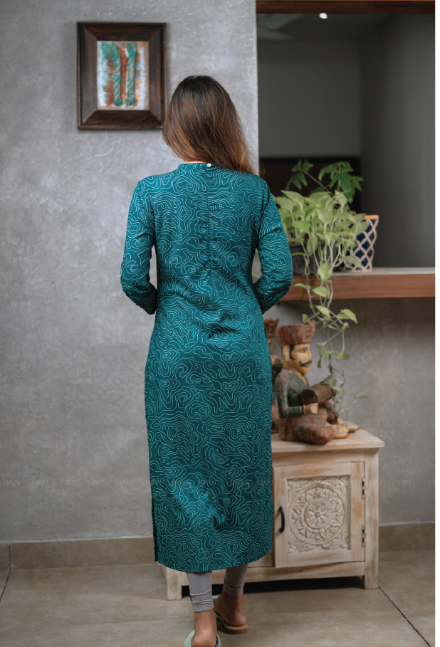 Teal Knot in Space Viscose Printed Kurta