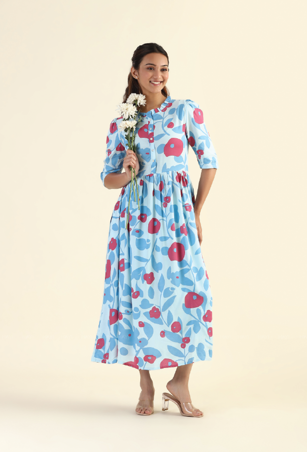 Fragmented Flowers Blue Printed feeding and maternity wear