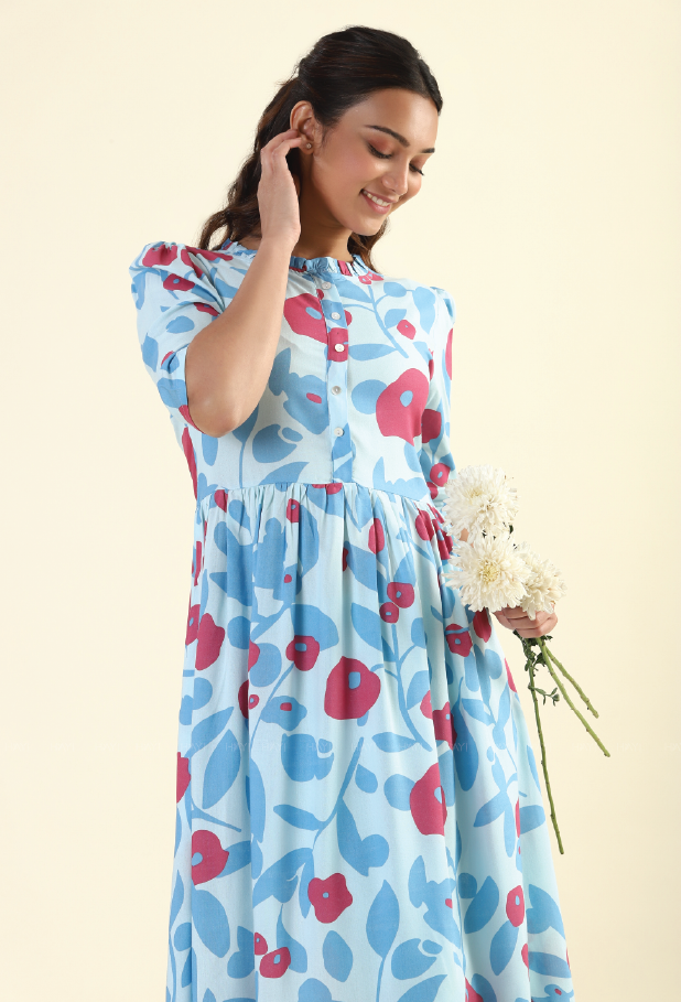 Fragmented Flowers Blue Printed feeding and maternity wear