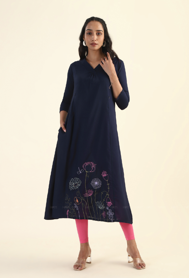 Flowering Nights Navy with embroidery Maternity and feeding dress
