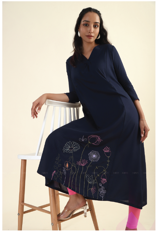 Flowering Nights Navy with embroidery Maternity and feeding dress