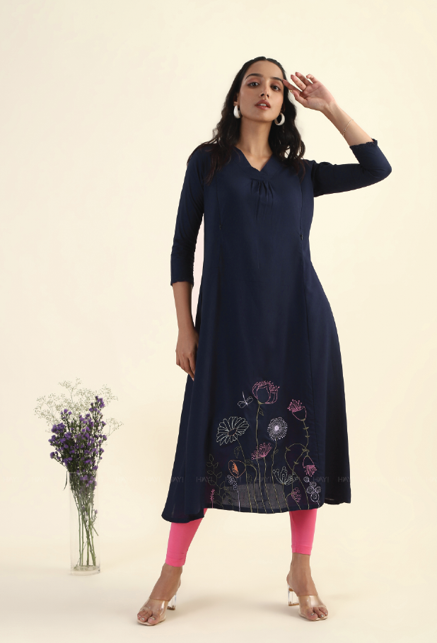 Flowering Nights Navy with embroidery Maternity and feeding dress