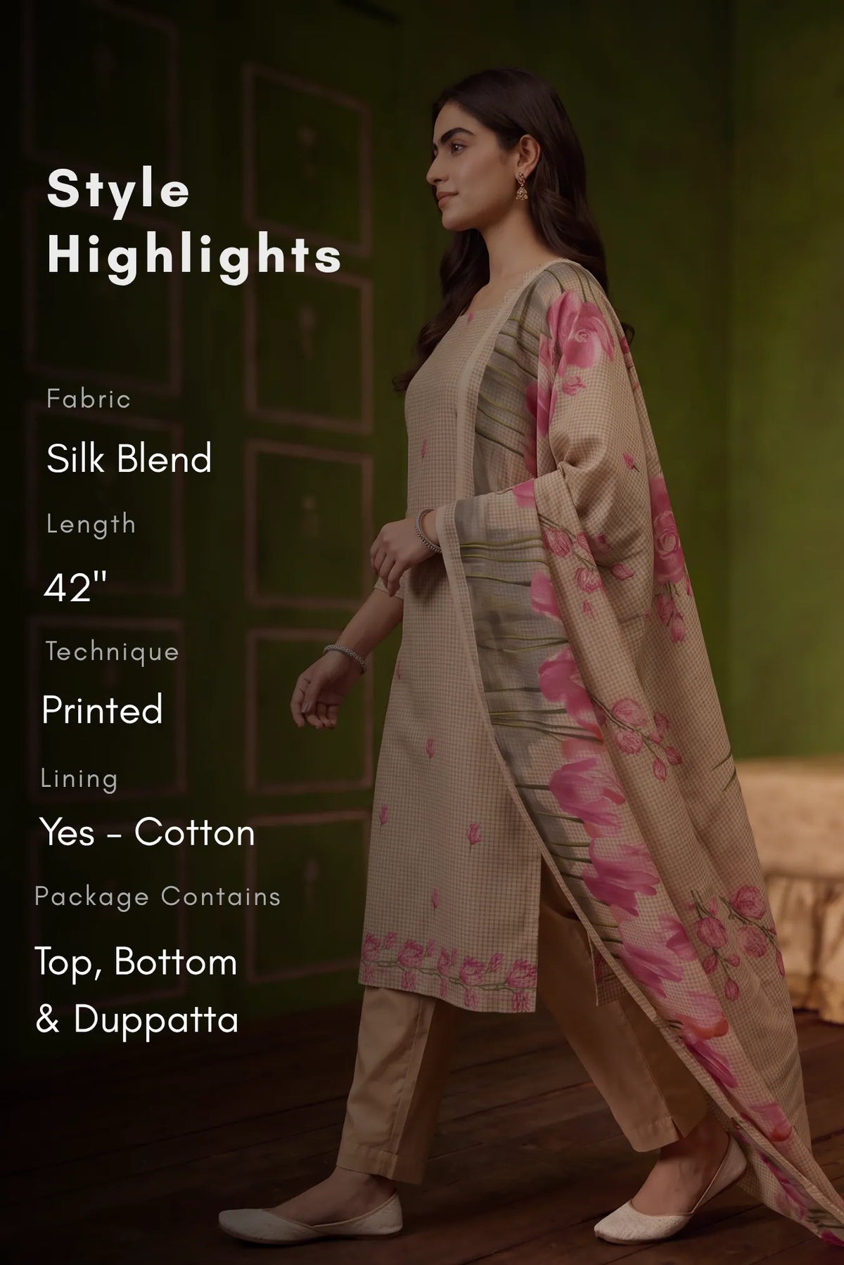 Blush Elegance Beige Silk Blend Printed 3-Piece Kurta Set