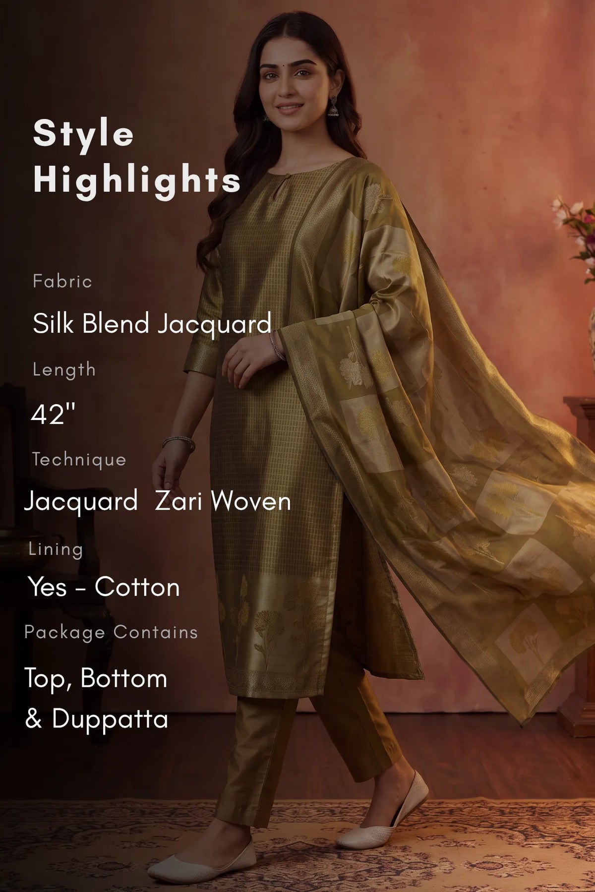 Gilded Meadow Golden Yellow Silk Blend Jacquard 2-Piece Set
