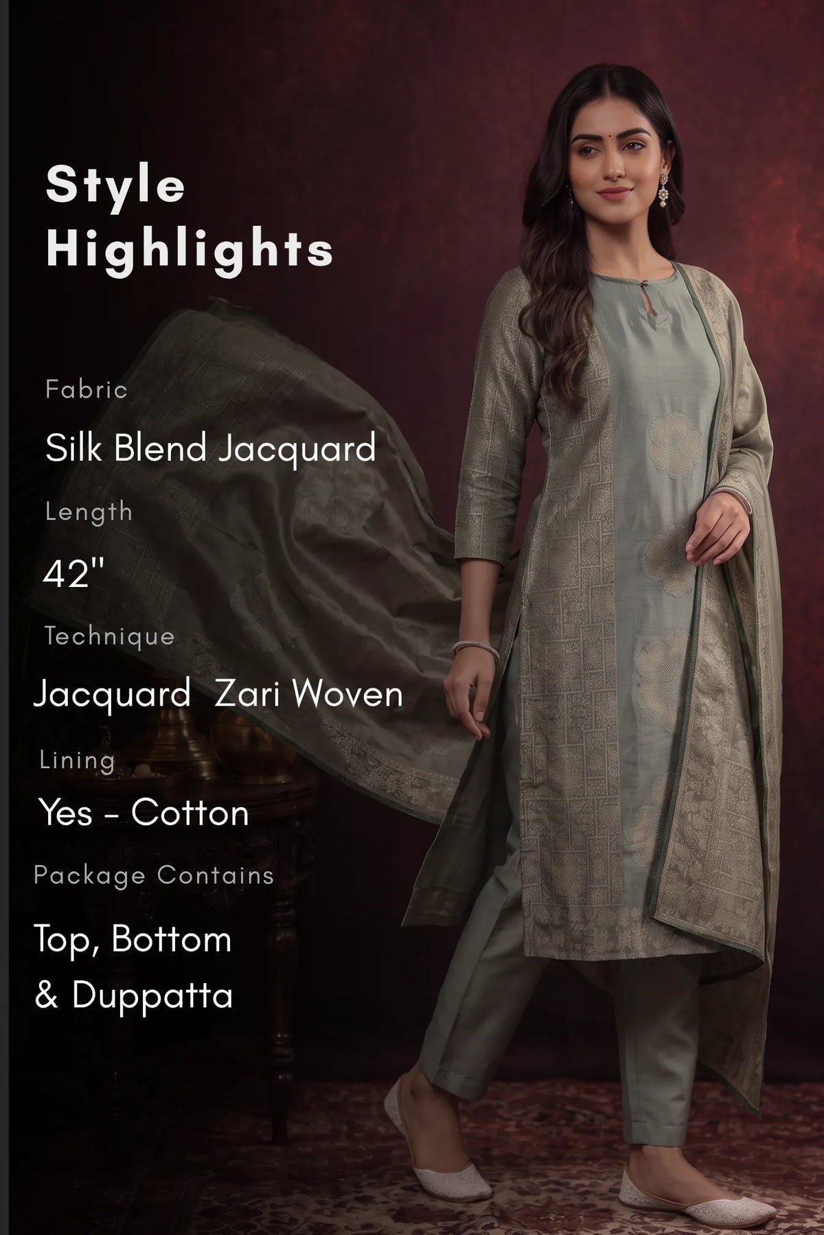 Sage Mist Green Silk Blend Jacquard 2-Piece Kurta Set