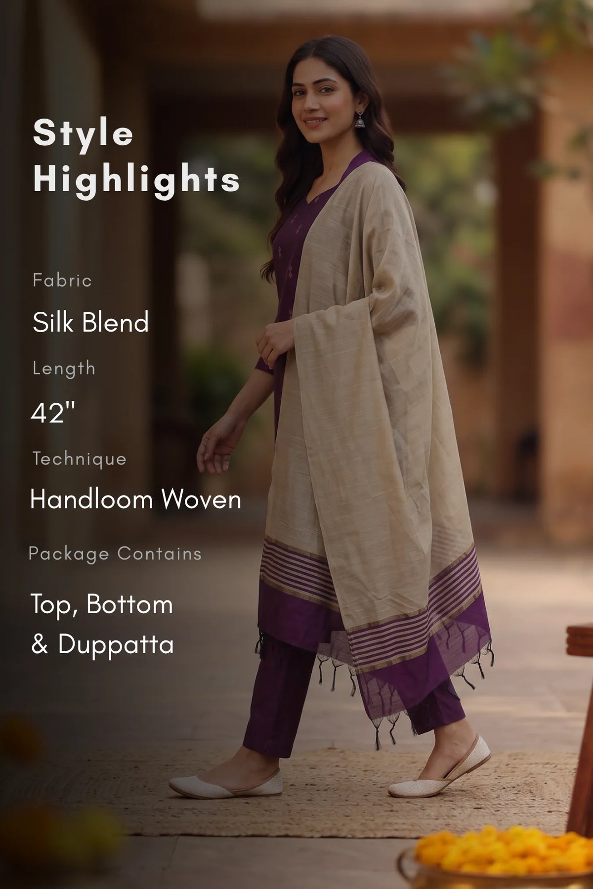 Purple Royale Silk Blend Handloom Woven 3-Piece Kurta Set
