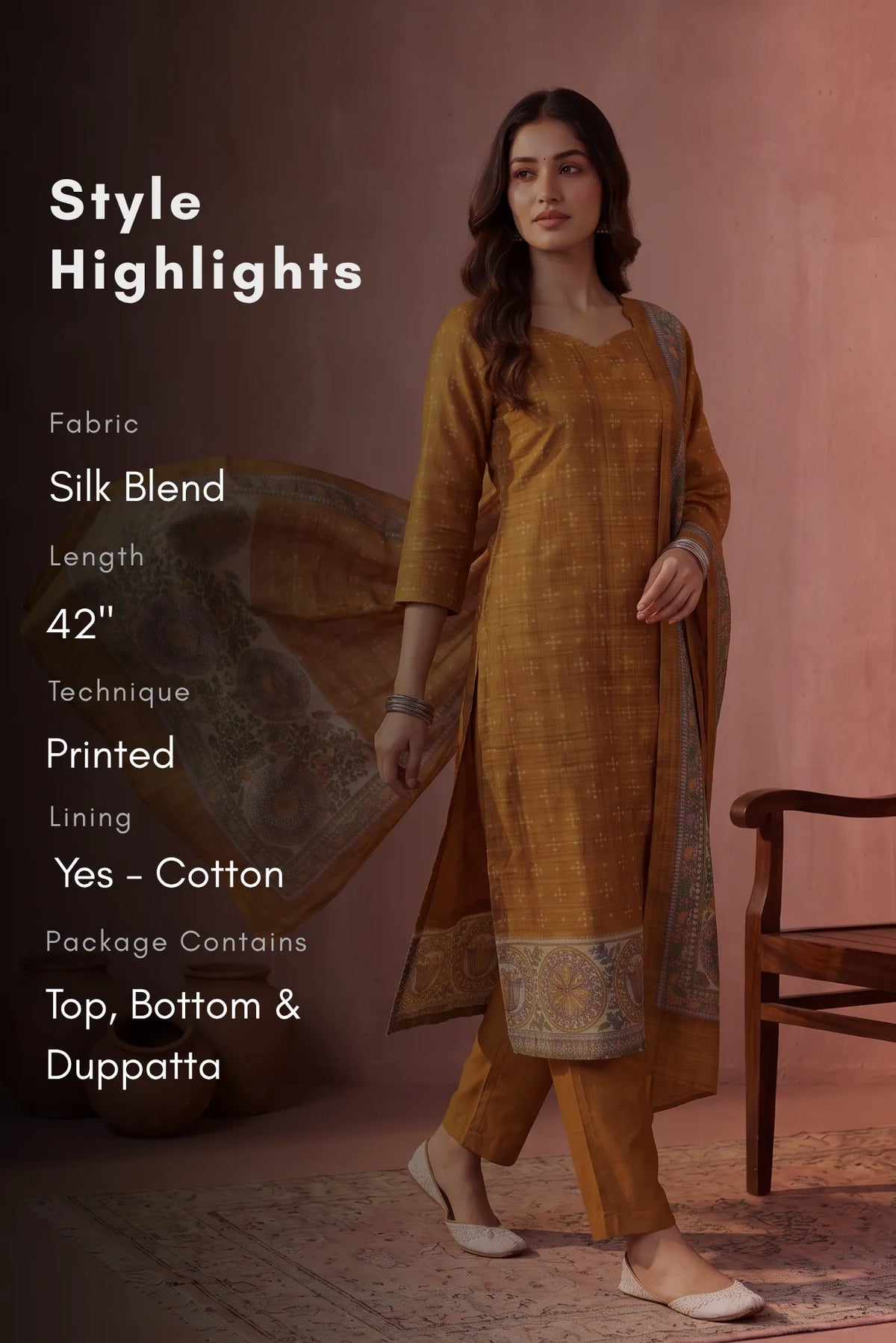 Earthy Grace Mustard Silk Blend Printed 3-Piece Kurta Set