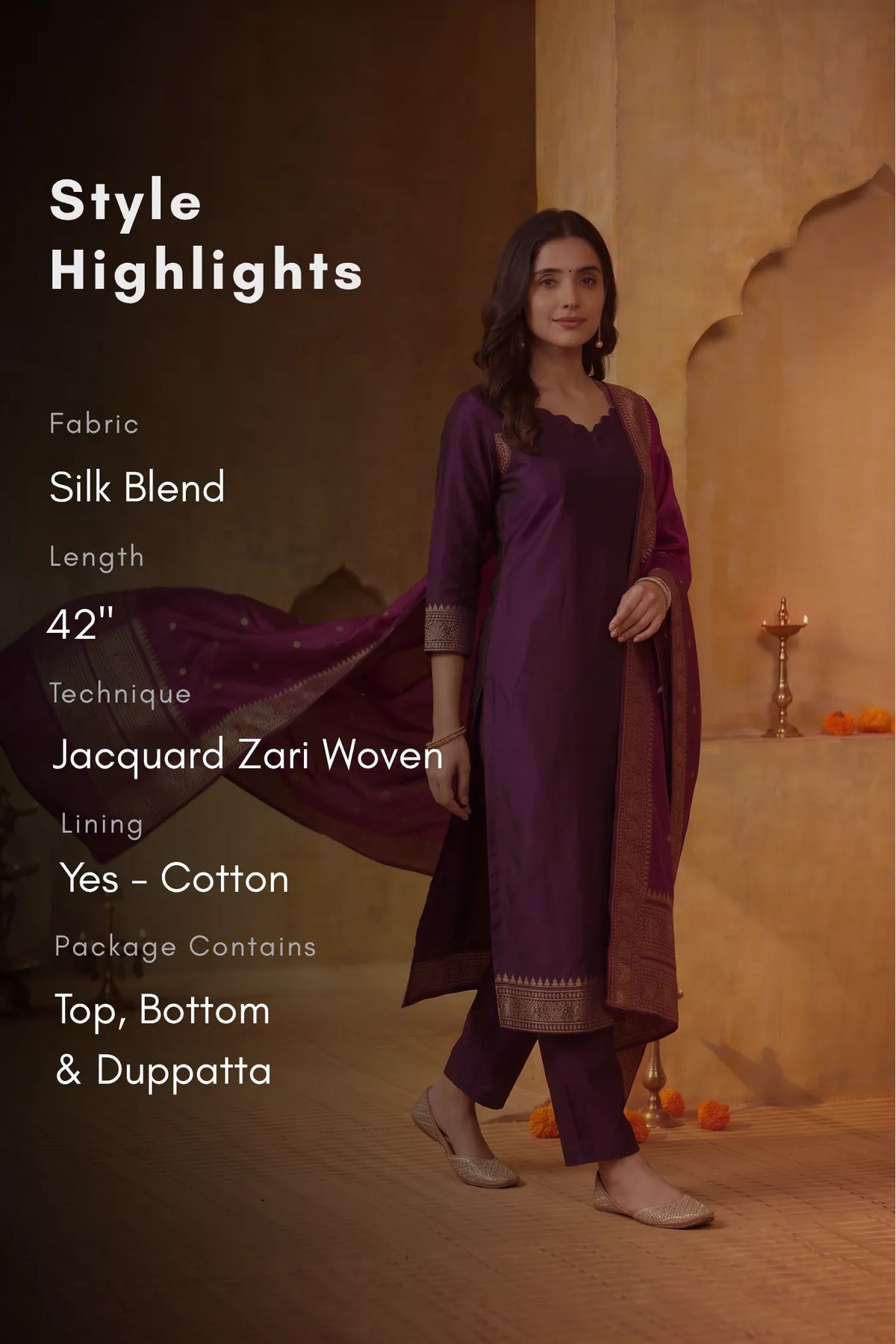 Royal Tapestry Purple Silk Blend 3-Piece Woven Kurta Set