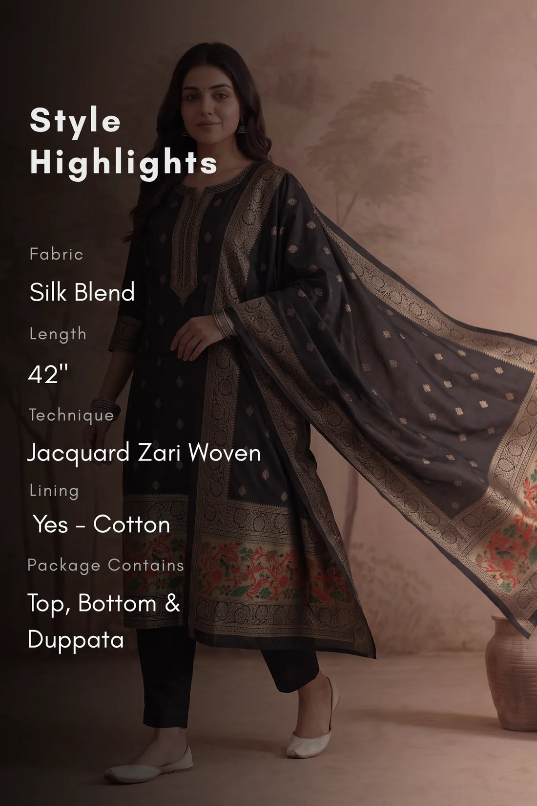 Obsidian Grace Black Silk Blend Woven 3-Piece Kurta Set