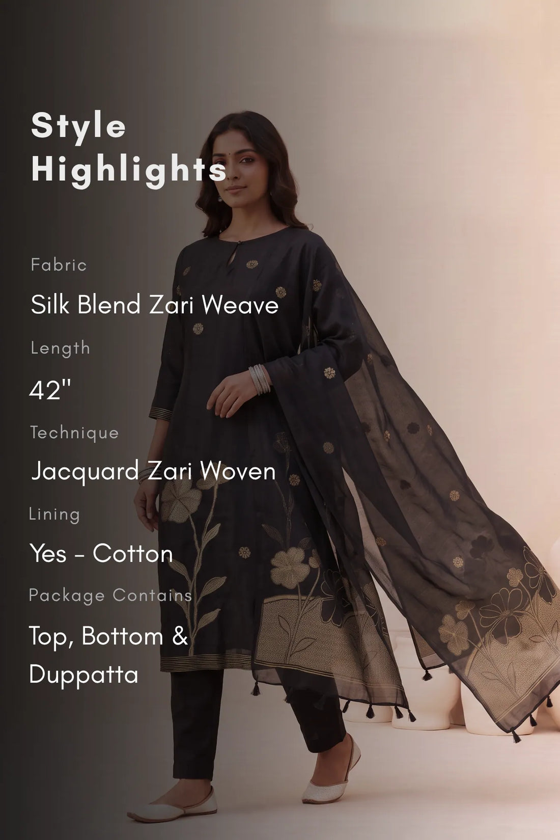 Midnight Zari Black 3 Piece Silk-Blend Kurti Set with Dupatta