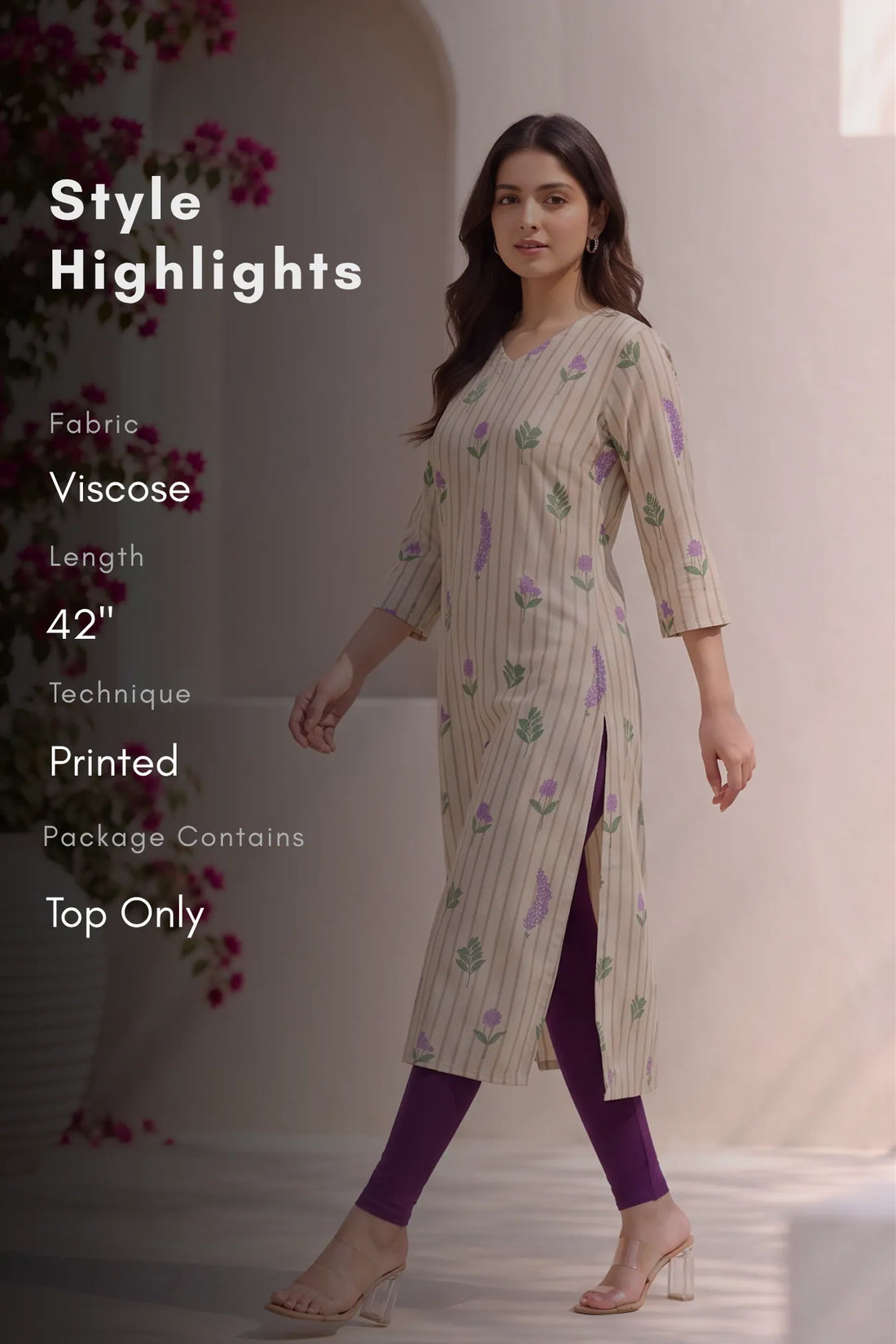 Ivy Bloom Beige Viscose Floral Printed Kurta