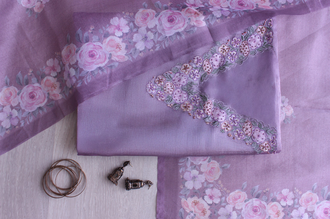 Divine Lilac Floral Handwork Unstitched Silver Browie Fabric