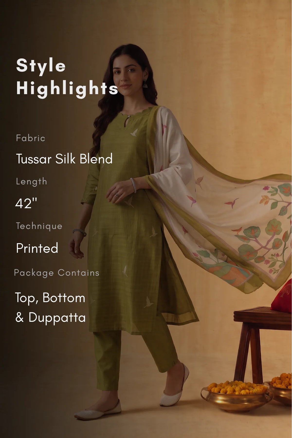 Lime Petals Green Tussar Silk Blend 3-Piece Printed Kurta Set
