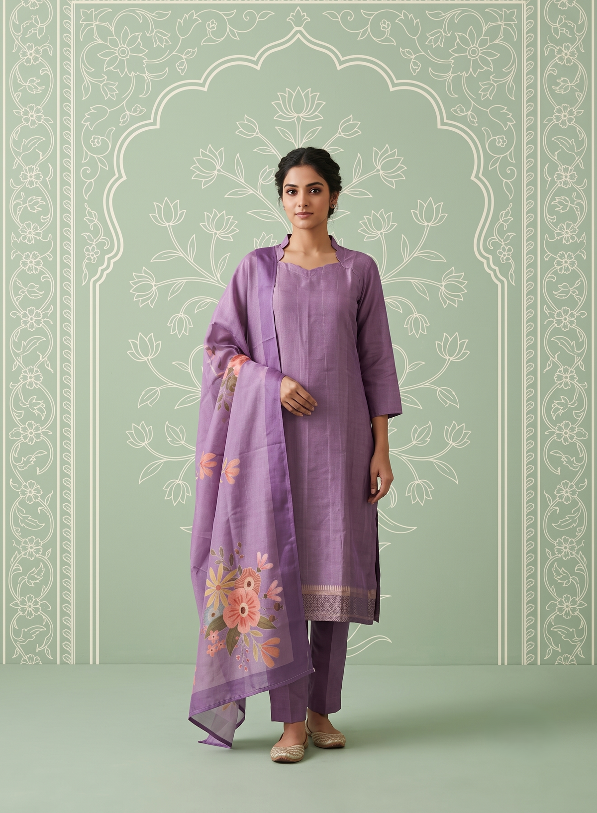 Lavender Hexa Violet 3 Piece Tussar Silk Kurta Set with Dupatta