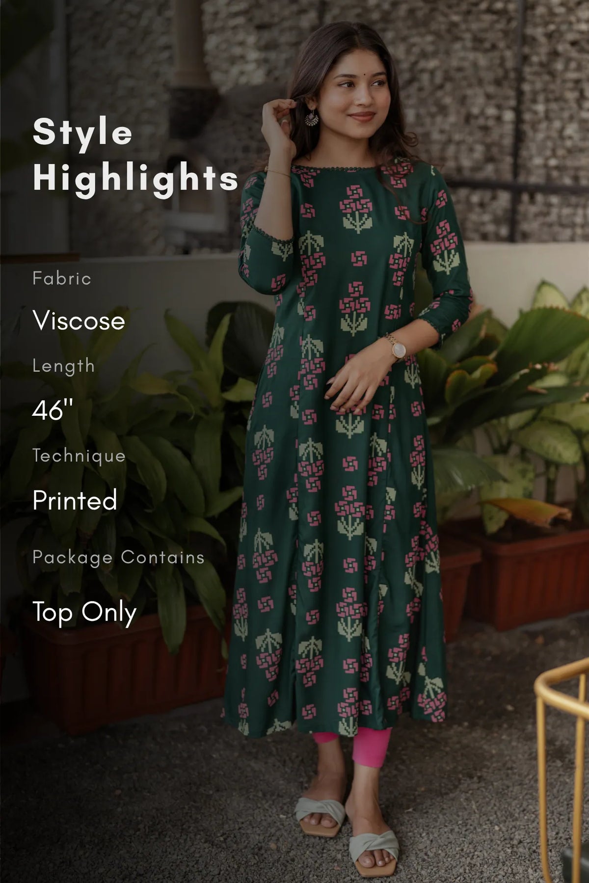 Jade Garden Dark Green Printed Viscose Kurta