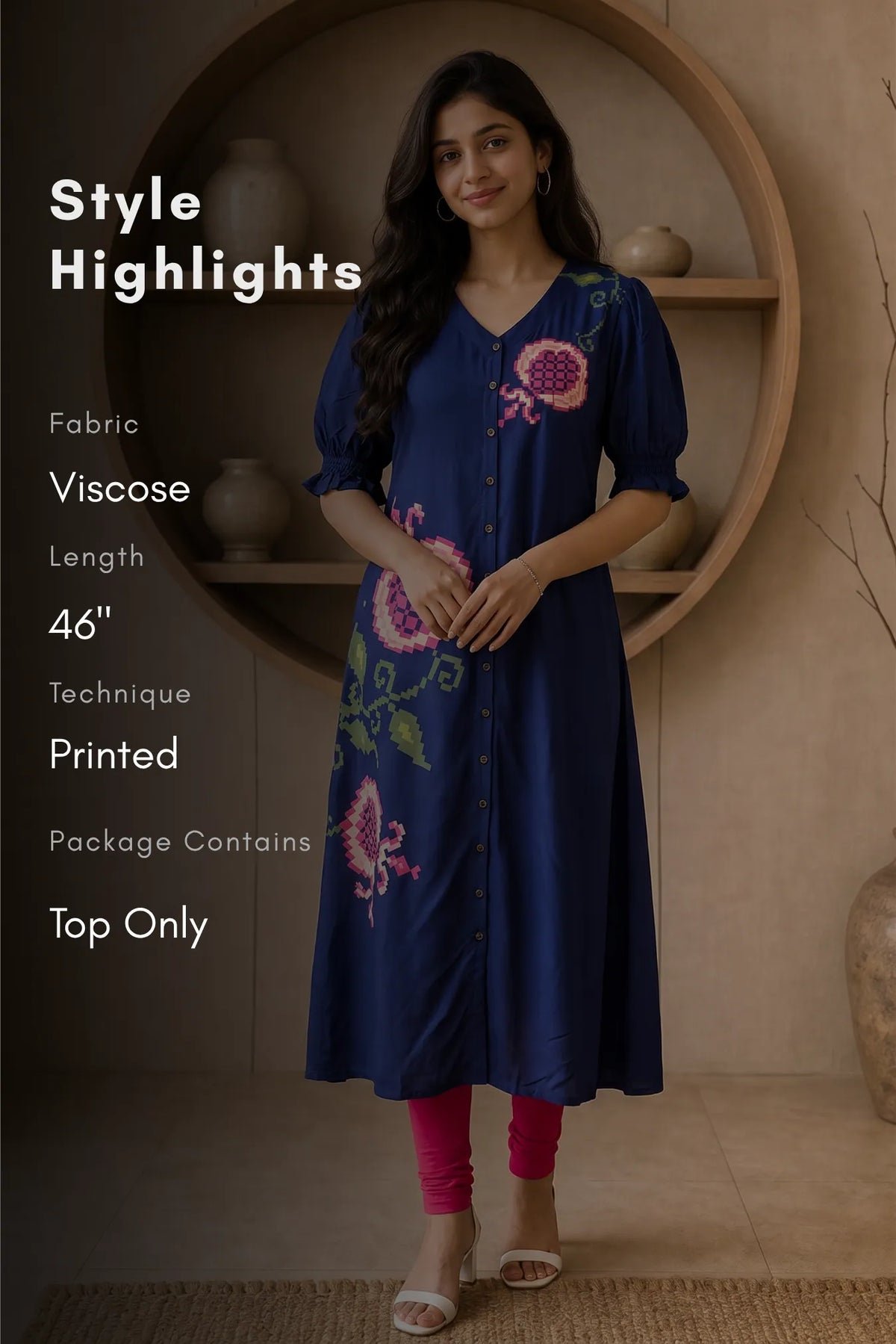 Midnight Rosette Blue  Printed Viscose Kurta