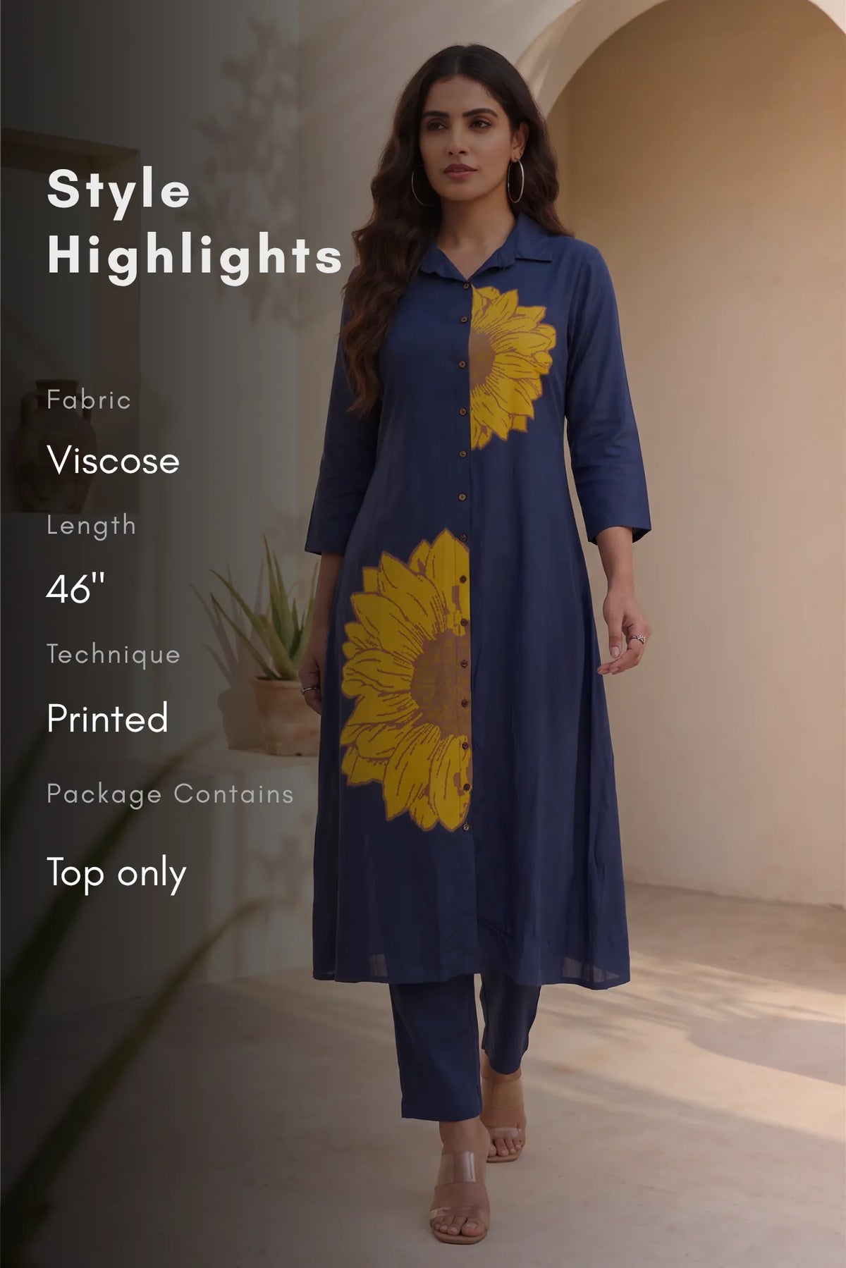 Sunflower Sapphire Floral Shirt Collar A-Line Dress