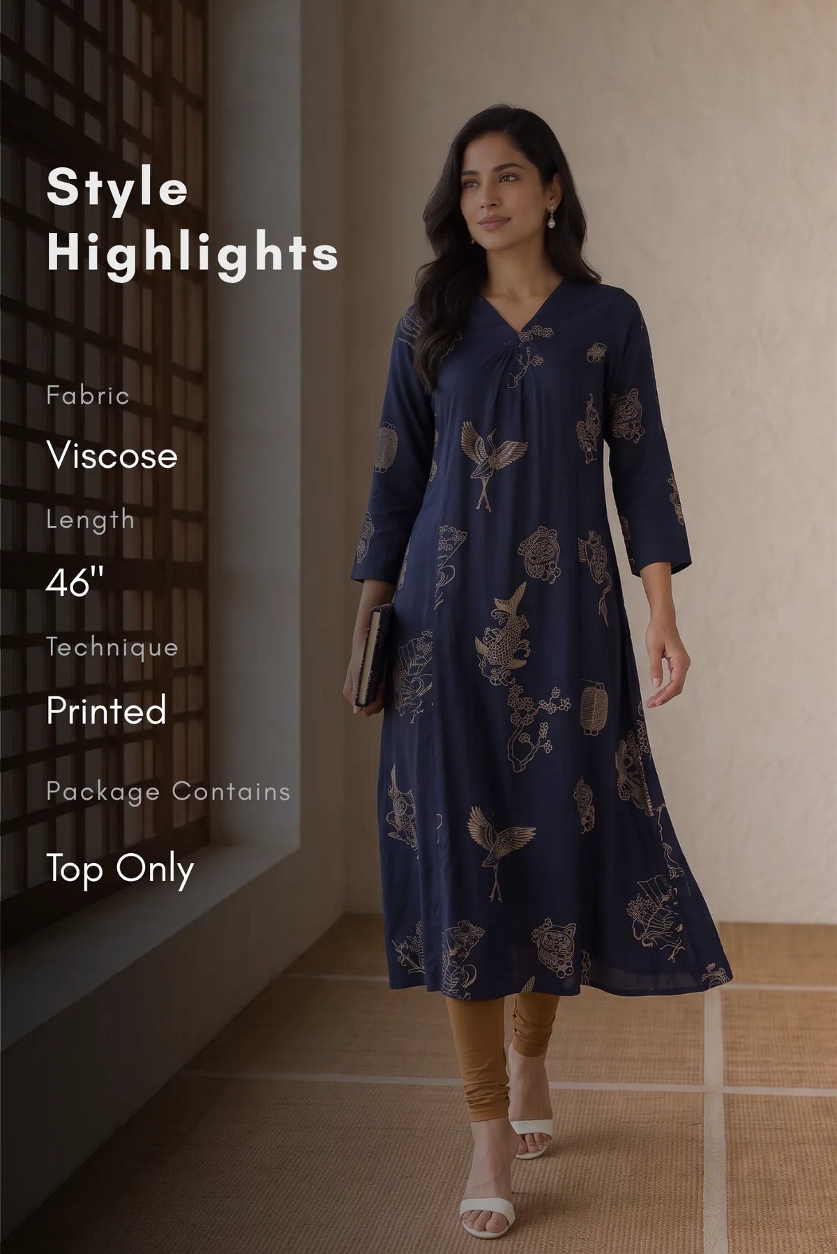Midnight Crane Printed A-Line Kurta