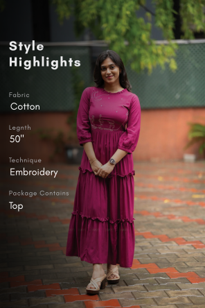 Moonlit Swans Violet Viscose Dress with Frill Neck &amp; Embroidered Yoke