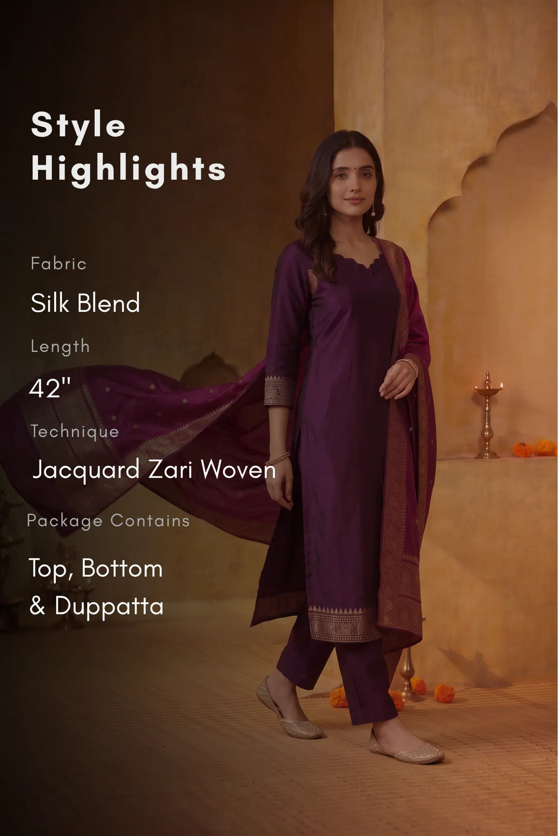 Royal Tapestry Purple Silk Blend 3-Piece Woven Kurta Set