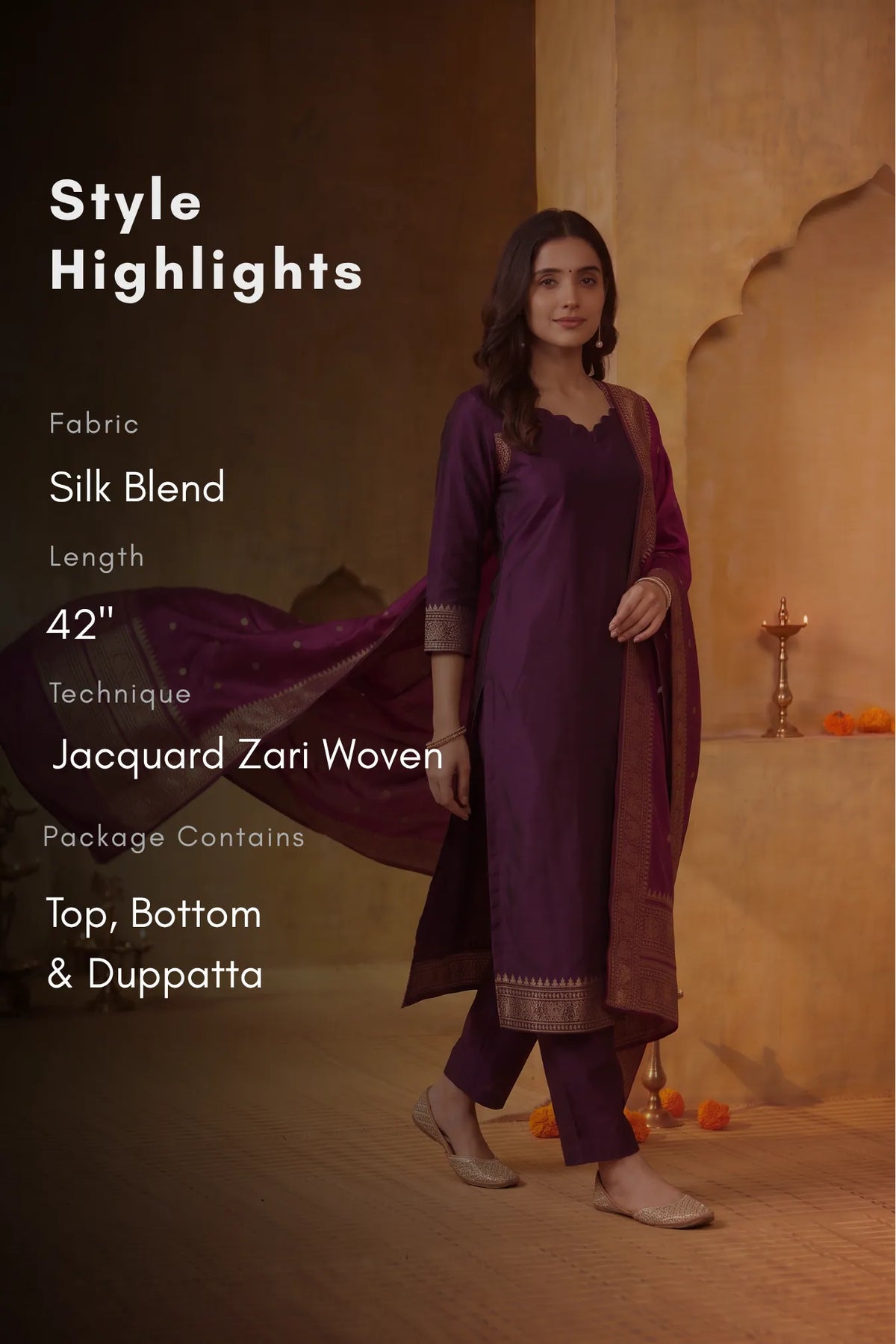 Royal Tapestry Purple Silk Blend 3-Piece Woven Kurta Set